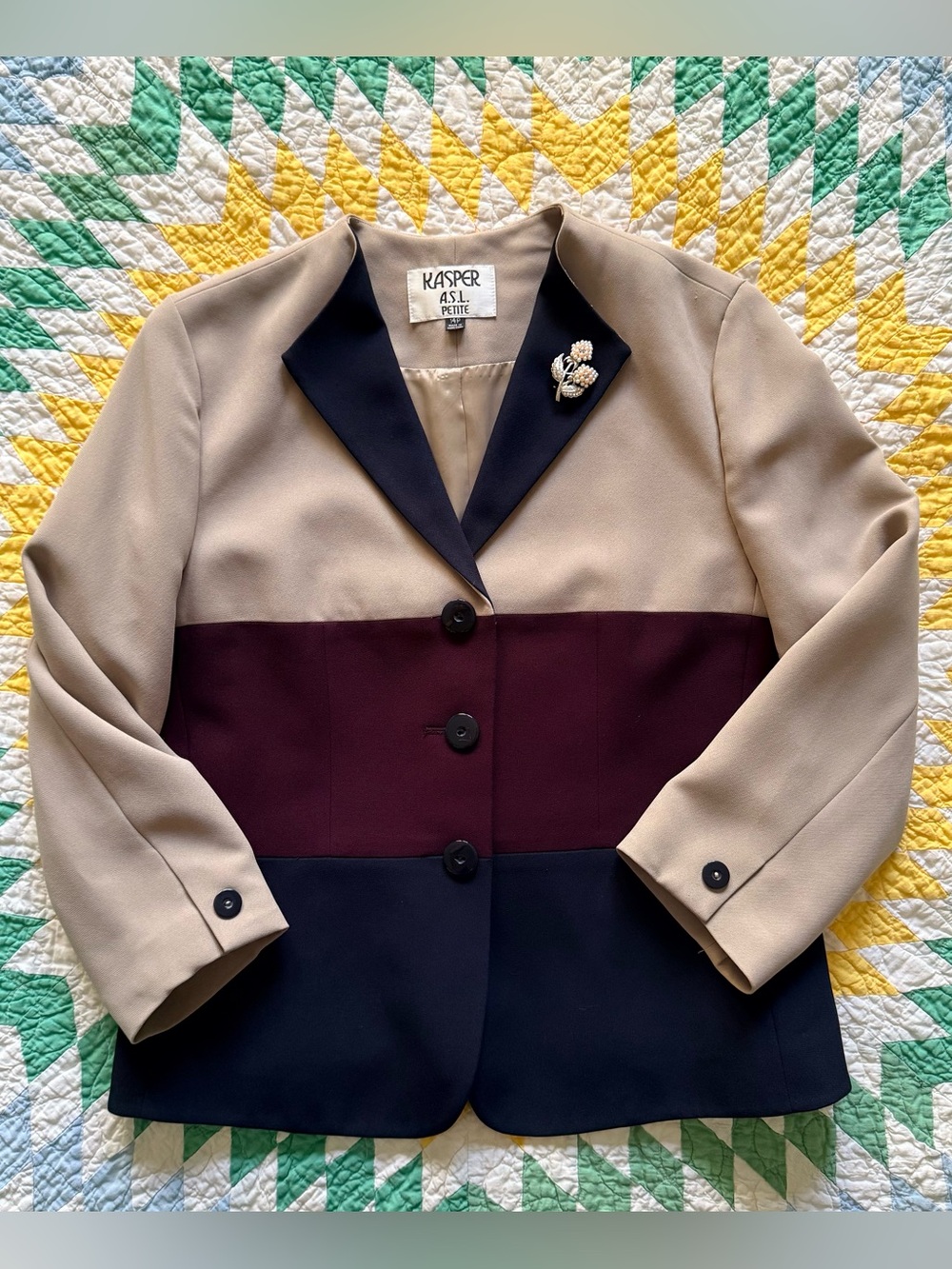 Kasper Colorblock Petite Blazer Jacket - Taupe, Burgundy & Navy - Sixe 14P